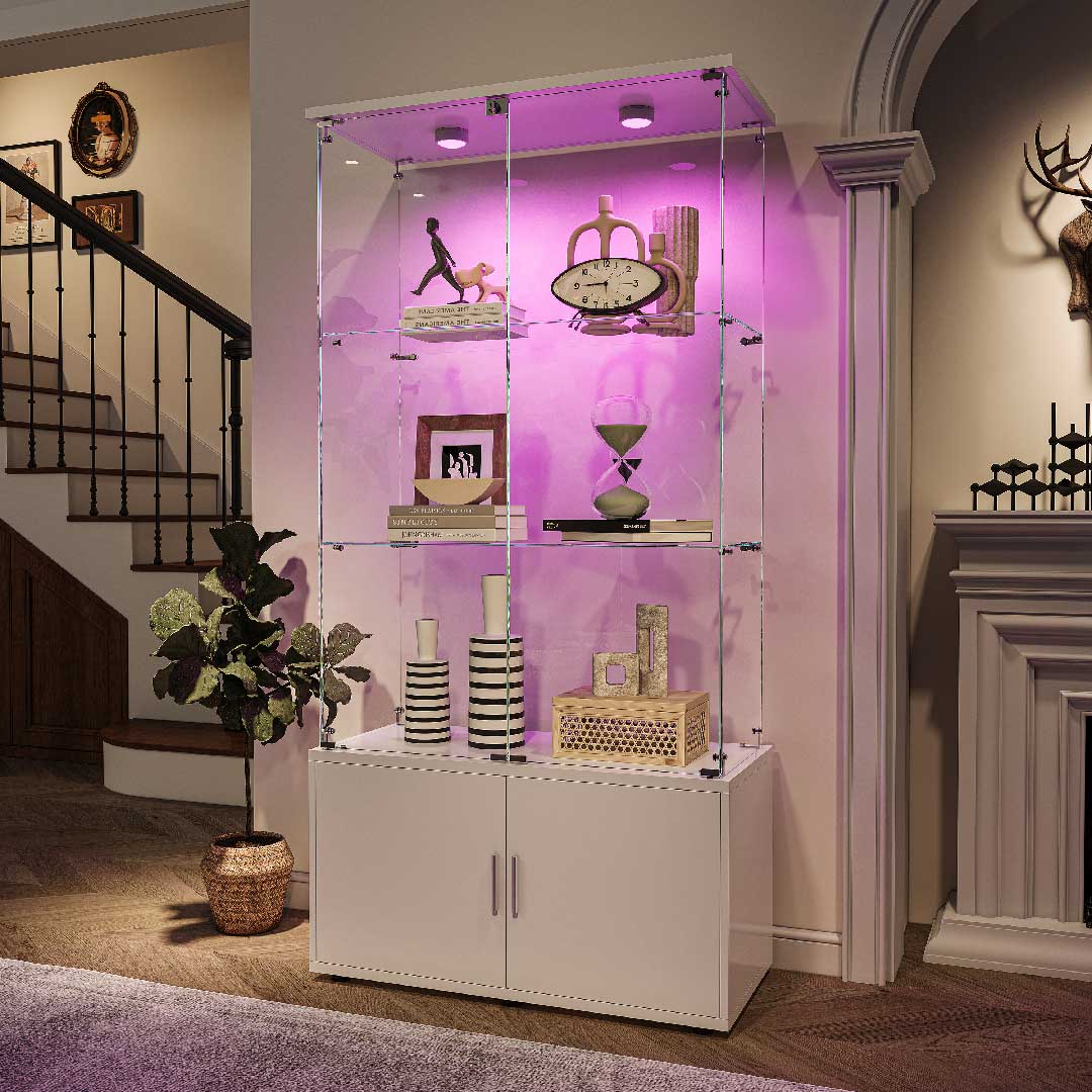Glasvitrine 164 cm mit LED-Beleuchtung in Lila – moderne Vitrine für Sammlerstücke mit stimmungsvoller Beleuchtung
