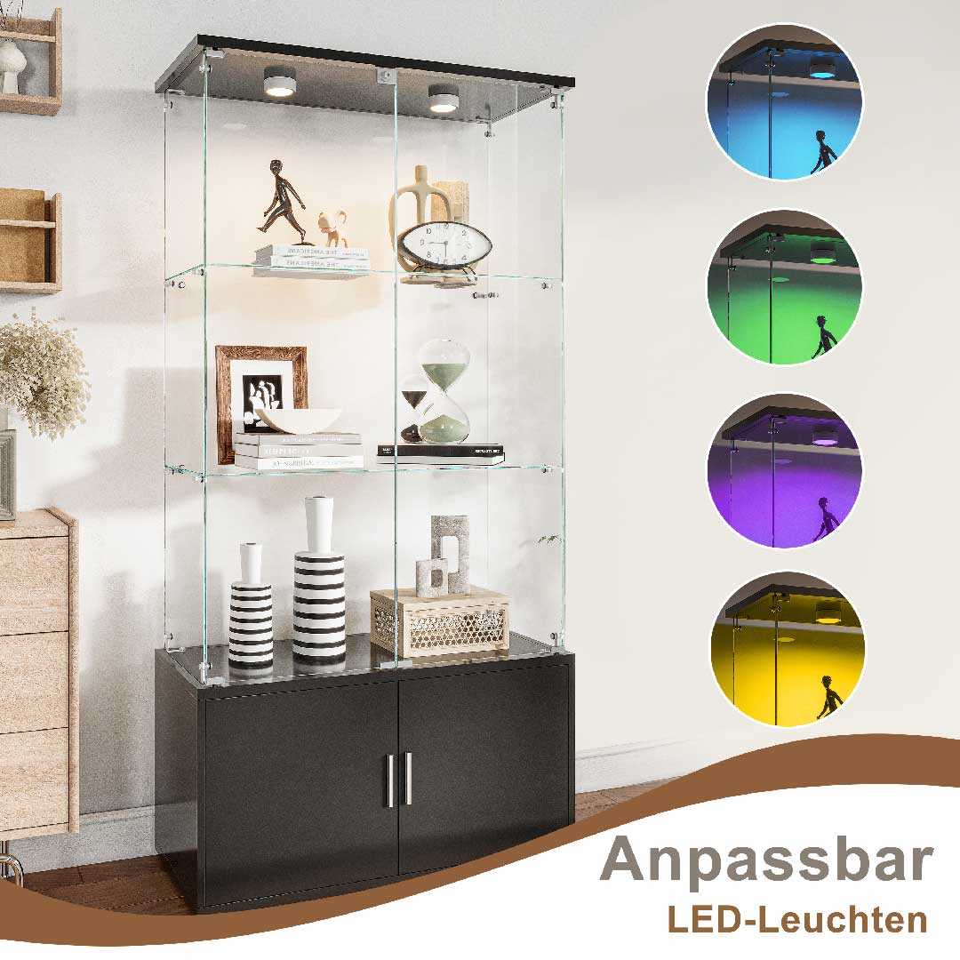 Yelenaro Glasvitrine 164 cm mit LED-Beleuchtung – Vitrine mit Türen & Stauraum, Gehärtetes Glas, Schrank mit Touch-Licht oder LED-Streifen