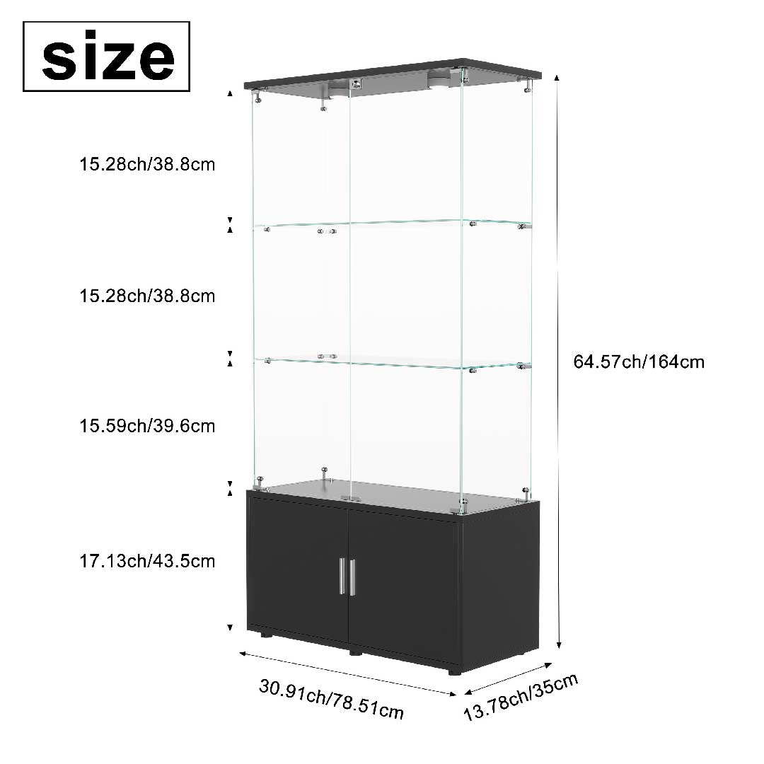 Maßzeichnung der schwarzen Glasvitrine 164 cm – moderne Standvitrine mit Sicherheitsglas und Stauraum im unteren Bereich