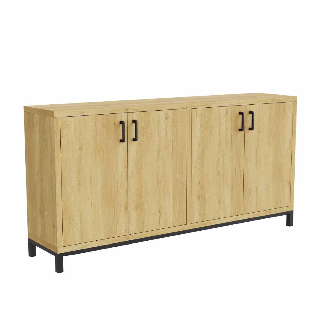 YELENARO Skänk 160 cm – Naturträ med metallhandtag, 4 dörrar