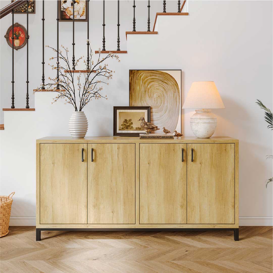 YELENARO Skänk 160 cm – Naturträ med metallhandtag, 4 dörrar