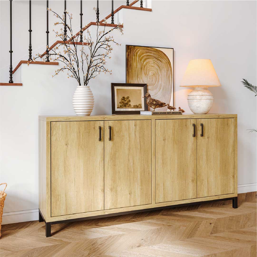 YELENARO Skänk 160 cm – Naturträ med metallhandtag, 4 dörrar
