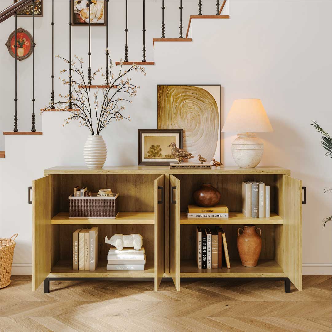 YELENARO Skänk 160 cm – Naturträ med metallhandtag, 4 dörrar