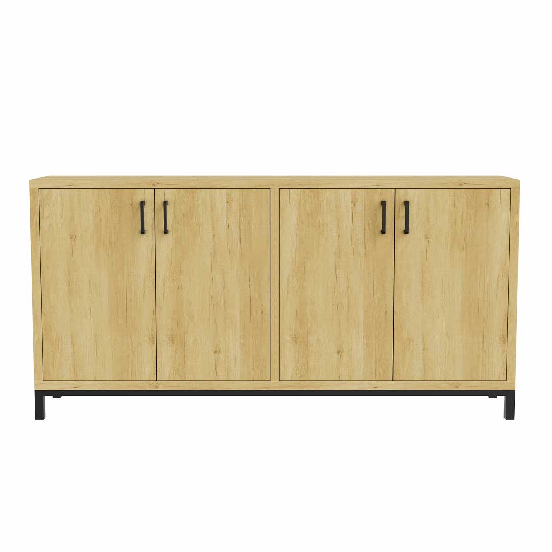 YELENARO Skänk 160 cm – Naturträ med metallhandtag, 4 dörrar