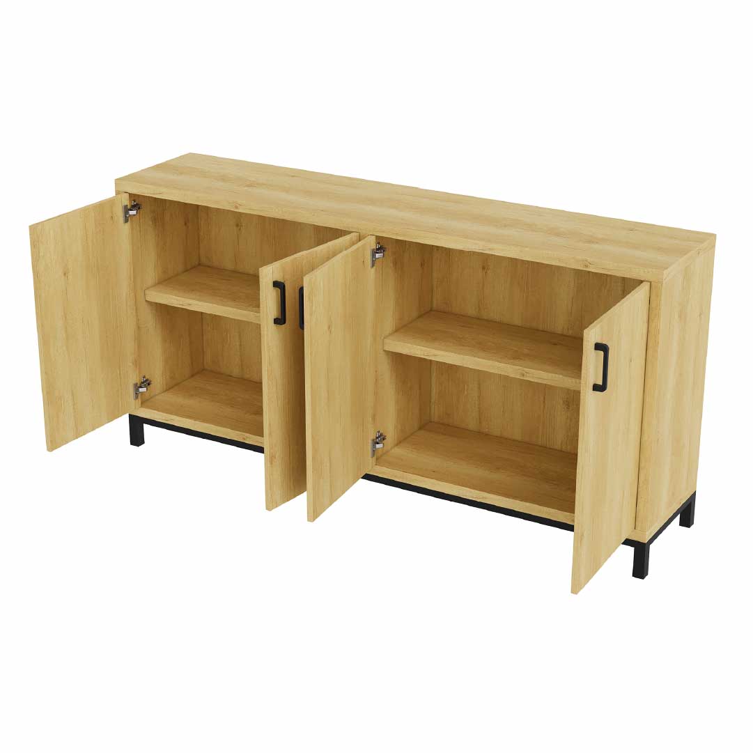 YELENARO Skänk 160 cm – Naturträ med metallhandtag, 4 dörrar