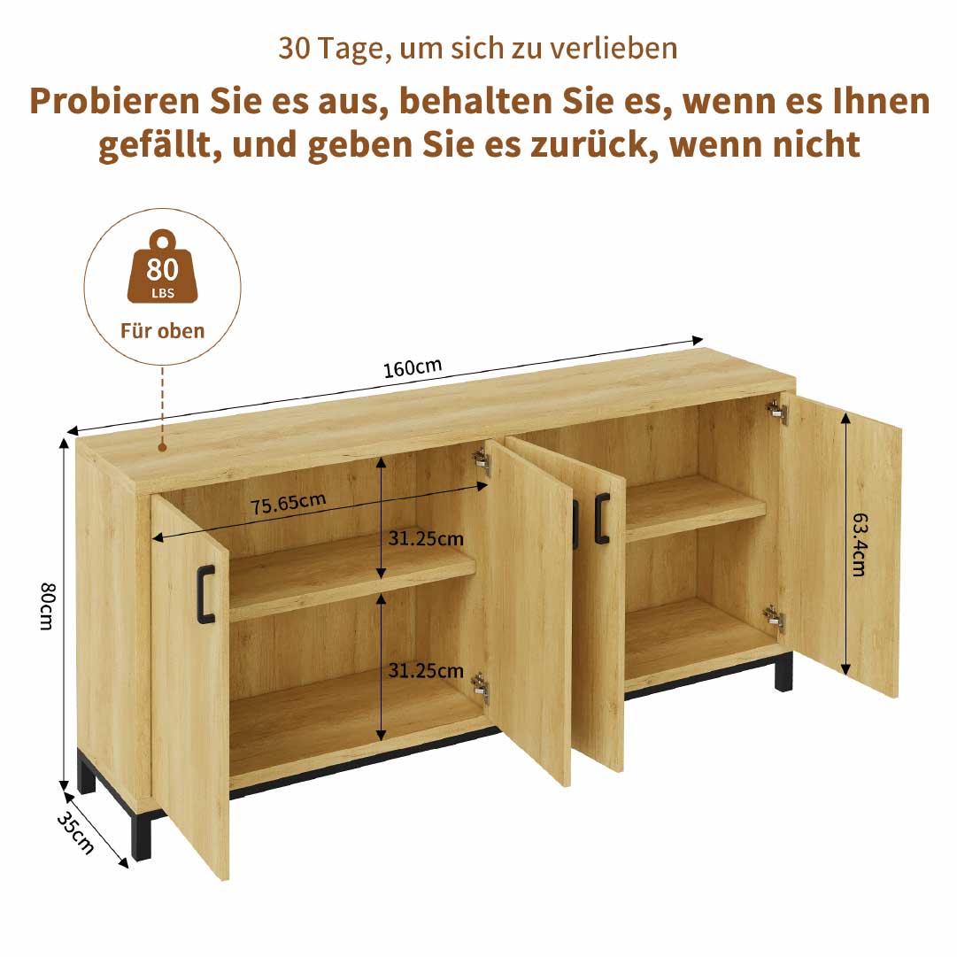 YELENARO Skänk 160 cm – Naturträ med metallhandtag, 4 dörrar