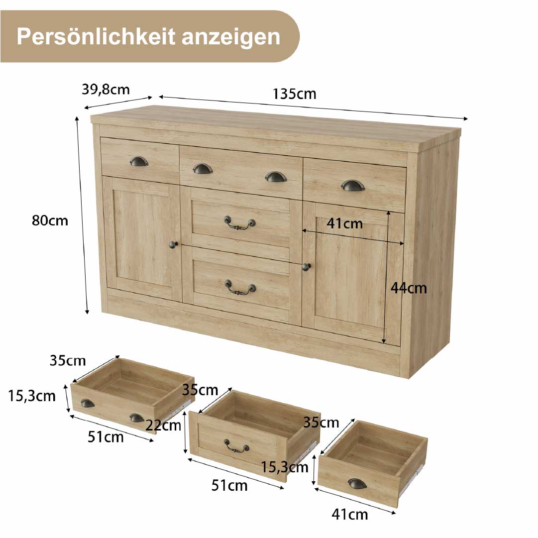 YELENARO Skänk 135 cm – Naturträ med 5 lådor & 2 dörrar