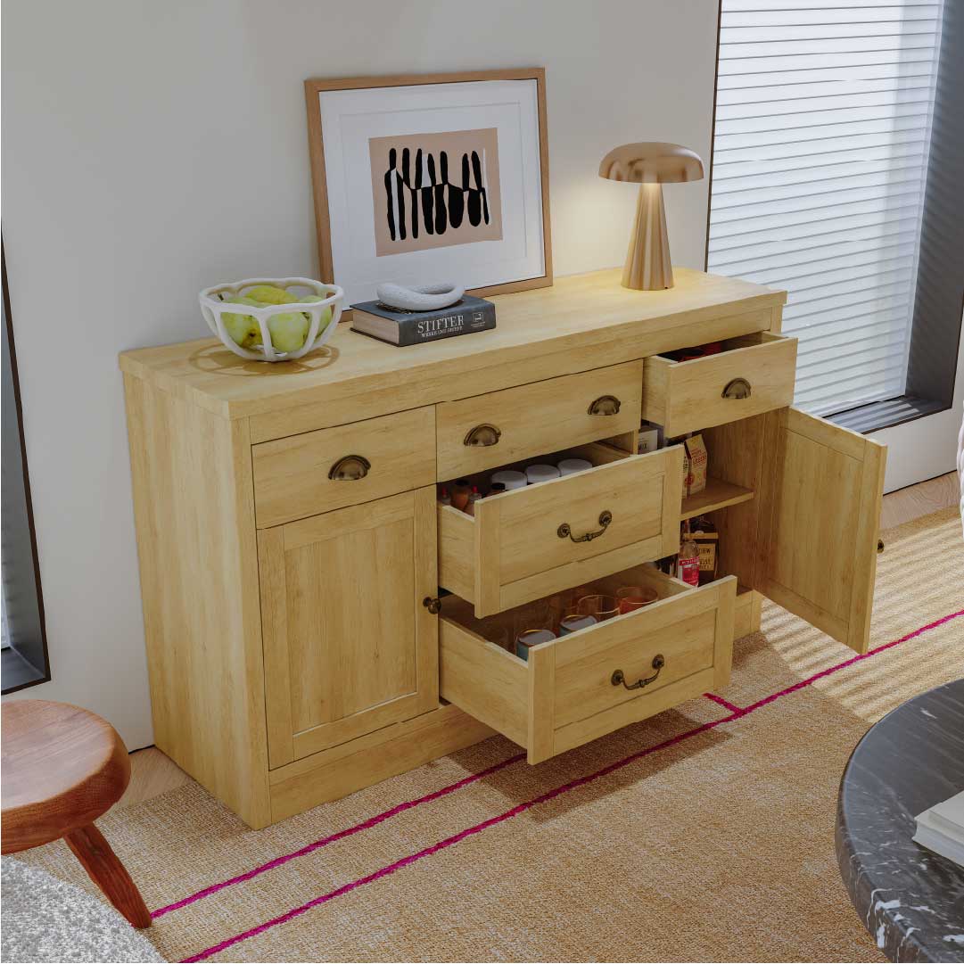 YELENARO Skänk 135 cm – Naturträ med 5 lådor & 2 dörrar