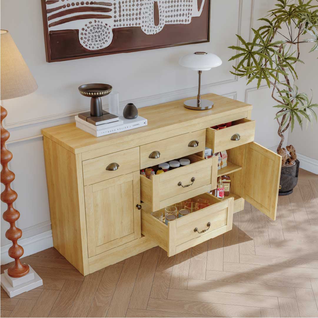 YELENARO Skänk 135 cm – Naturträ med 5 lådor & 2 dörrar
