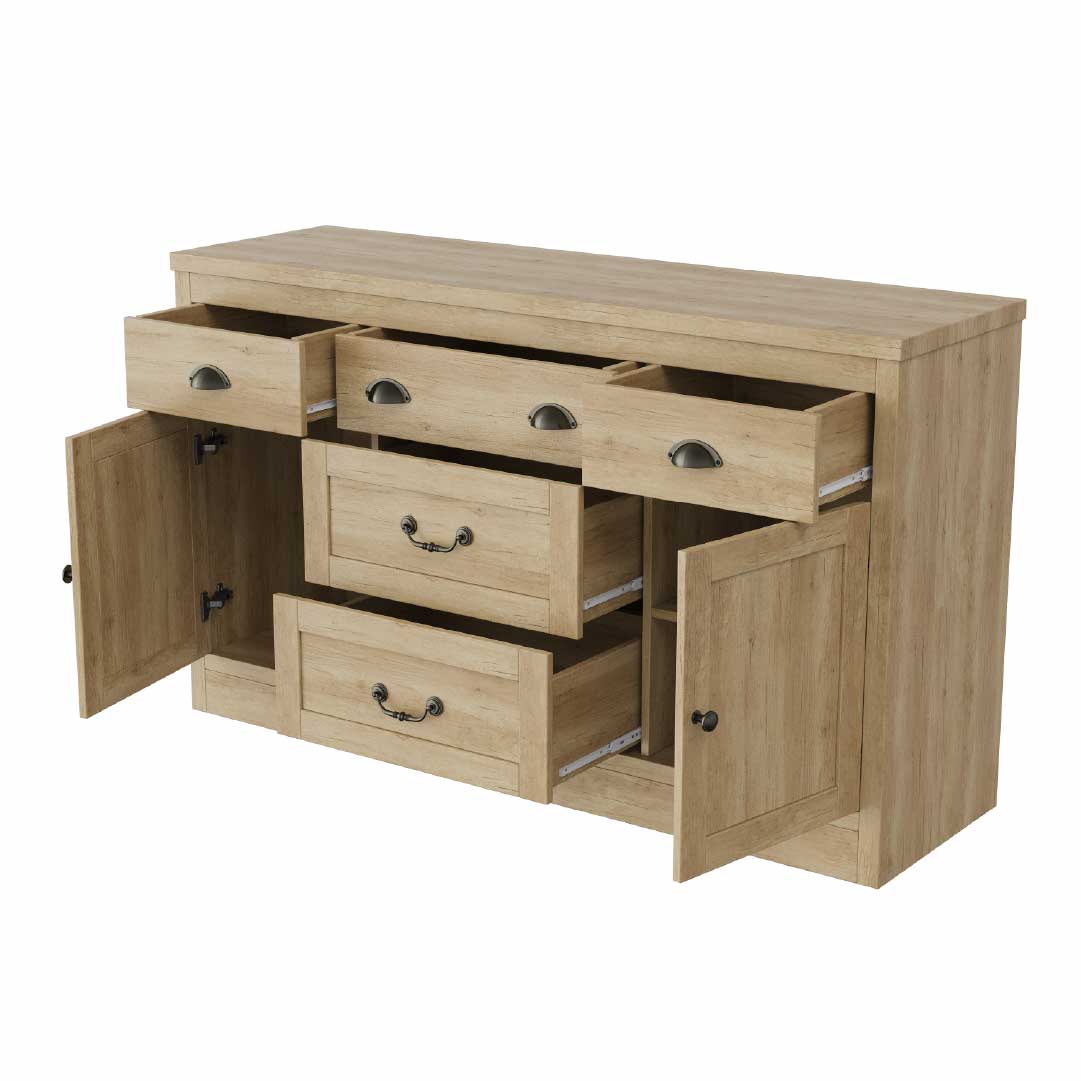 YELENARO Skänk 135 cm – Naturträ med 5 lådor & 2 dörrar