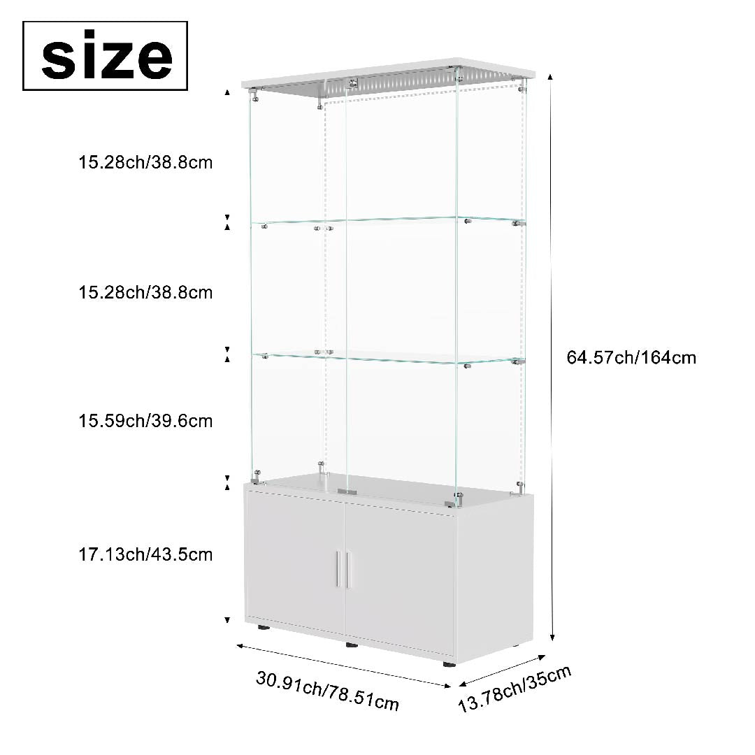 Glasvitrine 164 cm ohne Beleuchtung – klare Glasstruktur mit verstellbaren Glasböden und Unterschrank