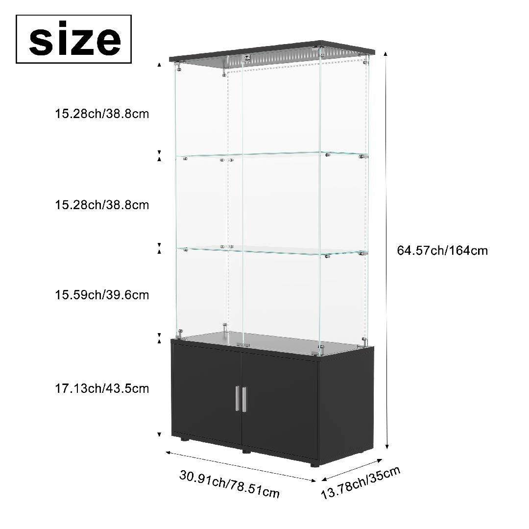 Produktabmessungen der schwarzen Glasvitrine 164 cm – hohe Vitrine aus Sicherheitsglas mit stabilem Unterschrank