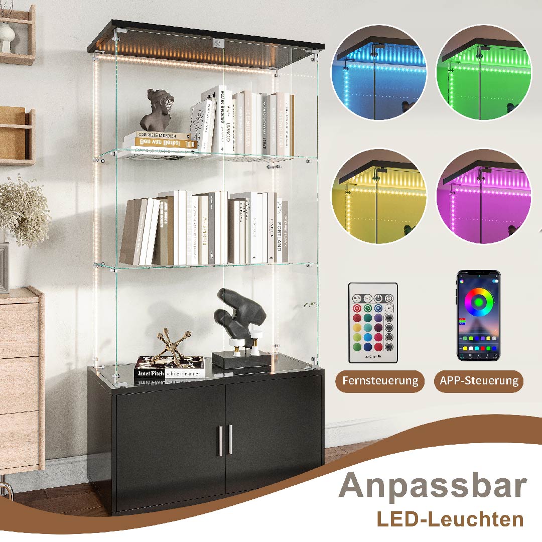 Yelenaro Glasvitrine 164 cm mit LED-Beleuchtung – Vitrine mit Türen & Stauraum, Gehärtetes Glas, Schrank mit Touch-Licht oder LED-Streifen