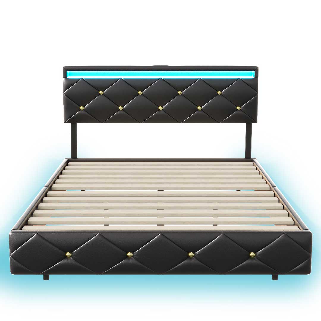Yelenaro LED Doppelbett mit USB & Verstellbarem Kopfteil – Schwarz PU