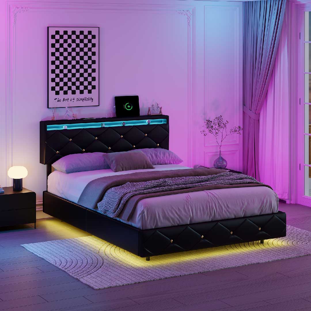 Yelenaro LED Doppelbett mit USB & Verstellbarem Kopfteil – Schwarz PU