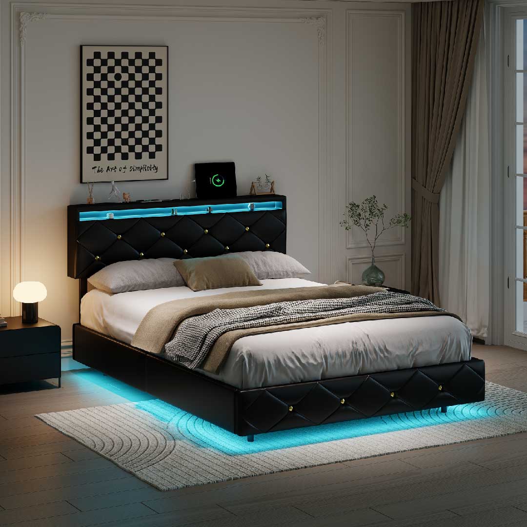 Yelenaro LED Doppelbett mit USB & Verstellbarem Kopfteil – Schwarz PU