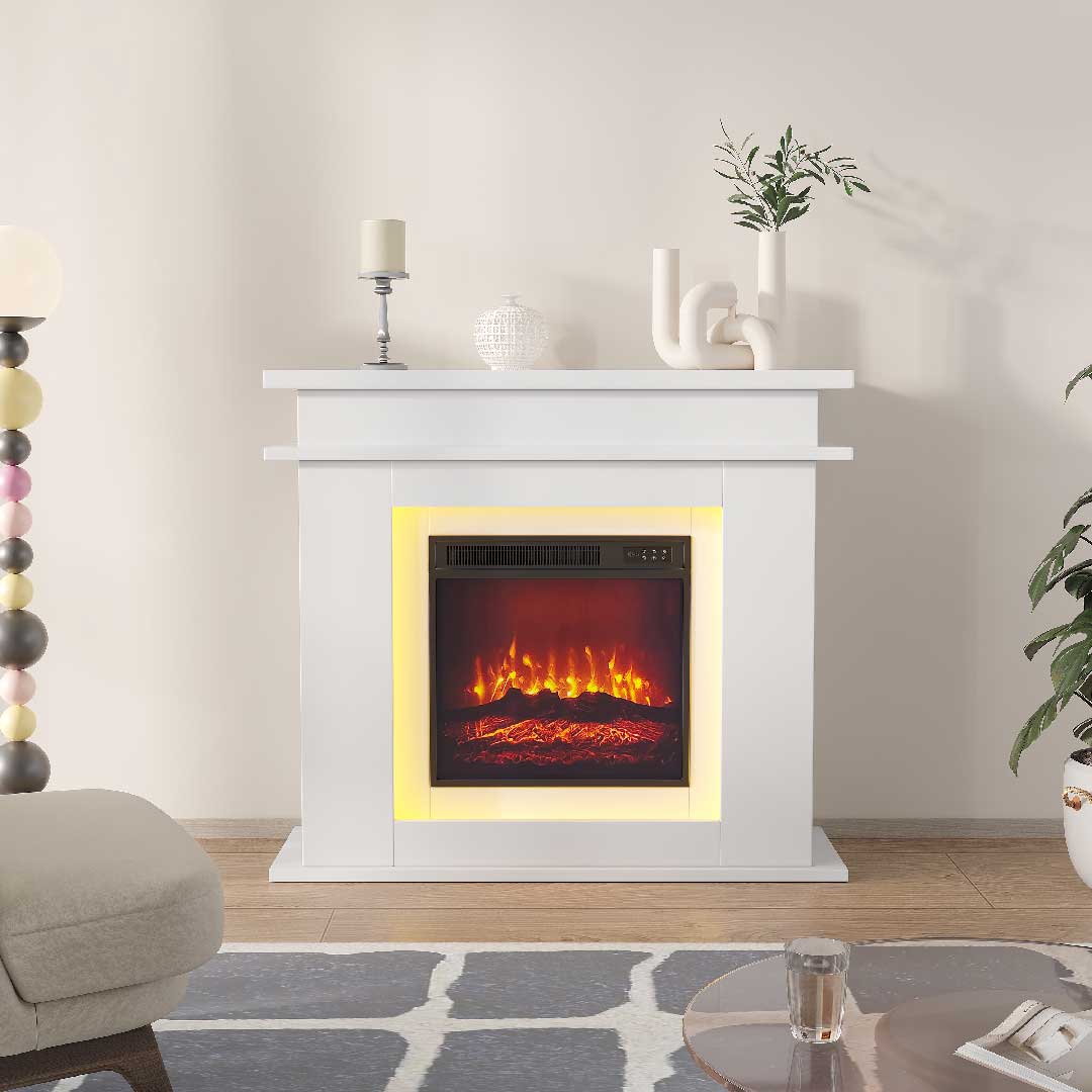 Yelenaro Elektrokamin 39 Zoll in Weiß mit Heizung, moderner Elektrokamin mit 3D-Flamme und LED-Ambientelicht im Wohnzimmer