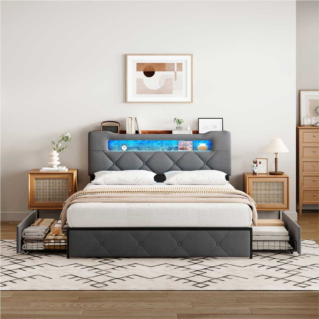 Yelenaro klädd sängram med förvaring, LED & USB – sängstomme med 4 lådor 140×200 / 160×200 cm