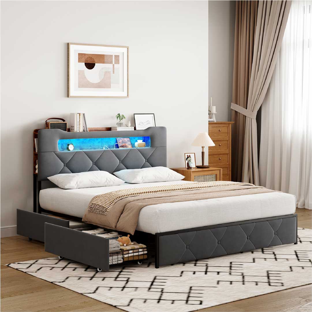 Yelenaro klädd sängram med förvaring, LED & USB – sängstomme med 4 lådor 140×200 / 160×200 cm