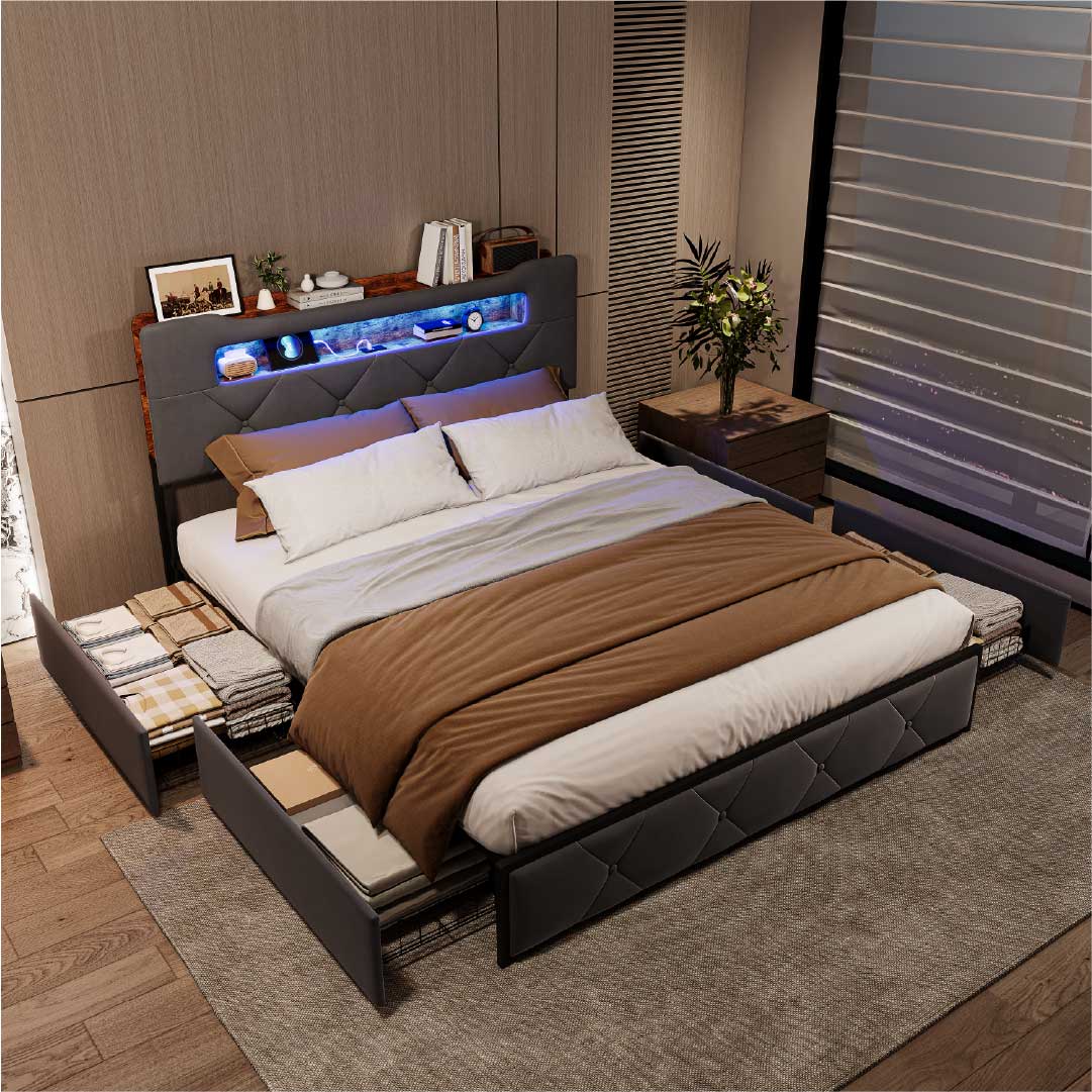 Yelenaro klädd sängram med förvaring, LED & USB – sängstomme med 4 lådor 140×200 / 160×200 cm