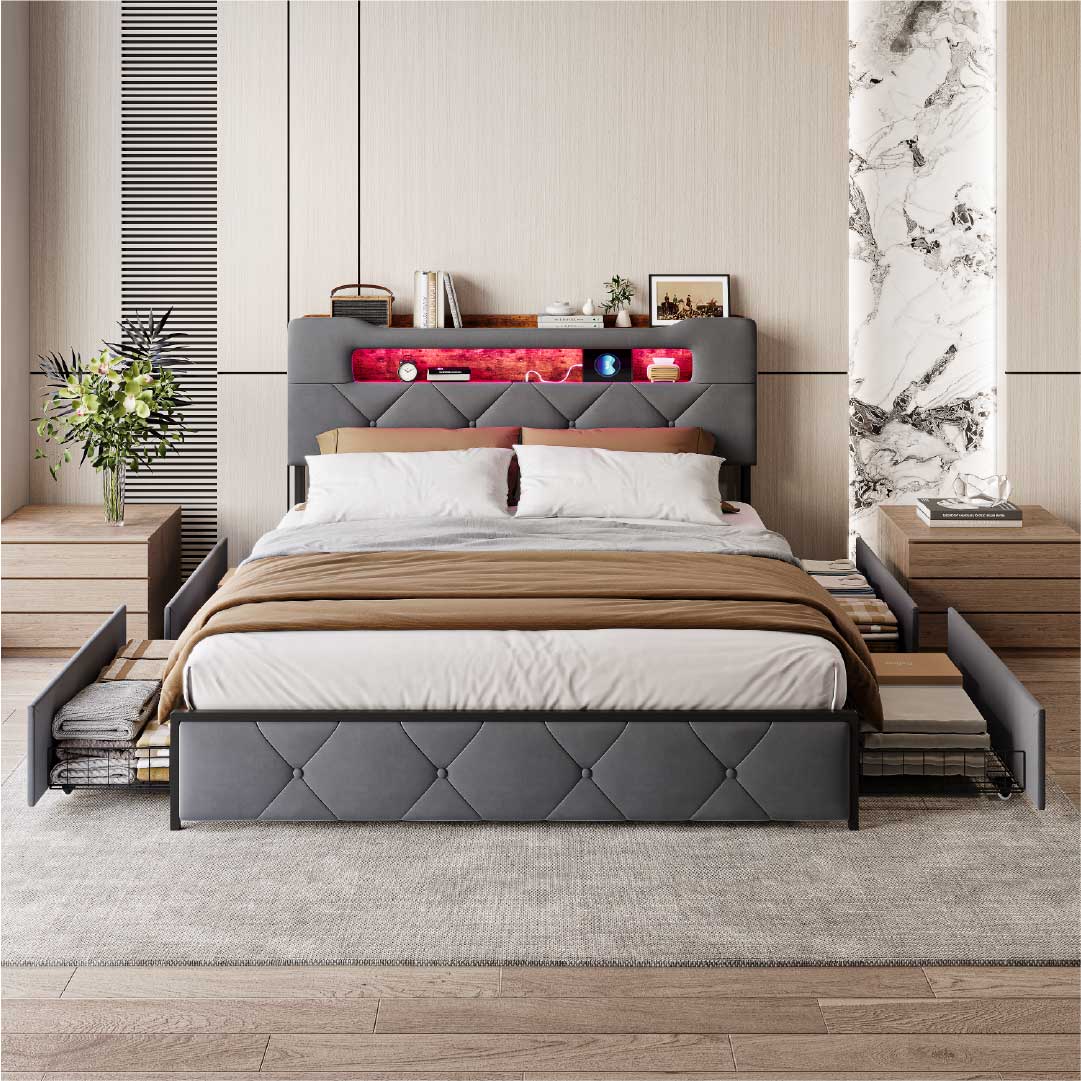 Yelenaro klädd sängram med förvaring, LED & USB – sängstomme med 4 lådor 140×200 / 160×200 cm