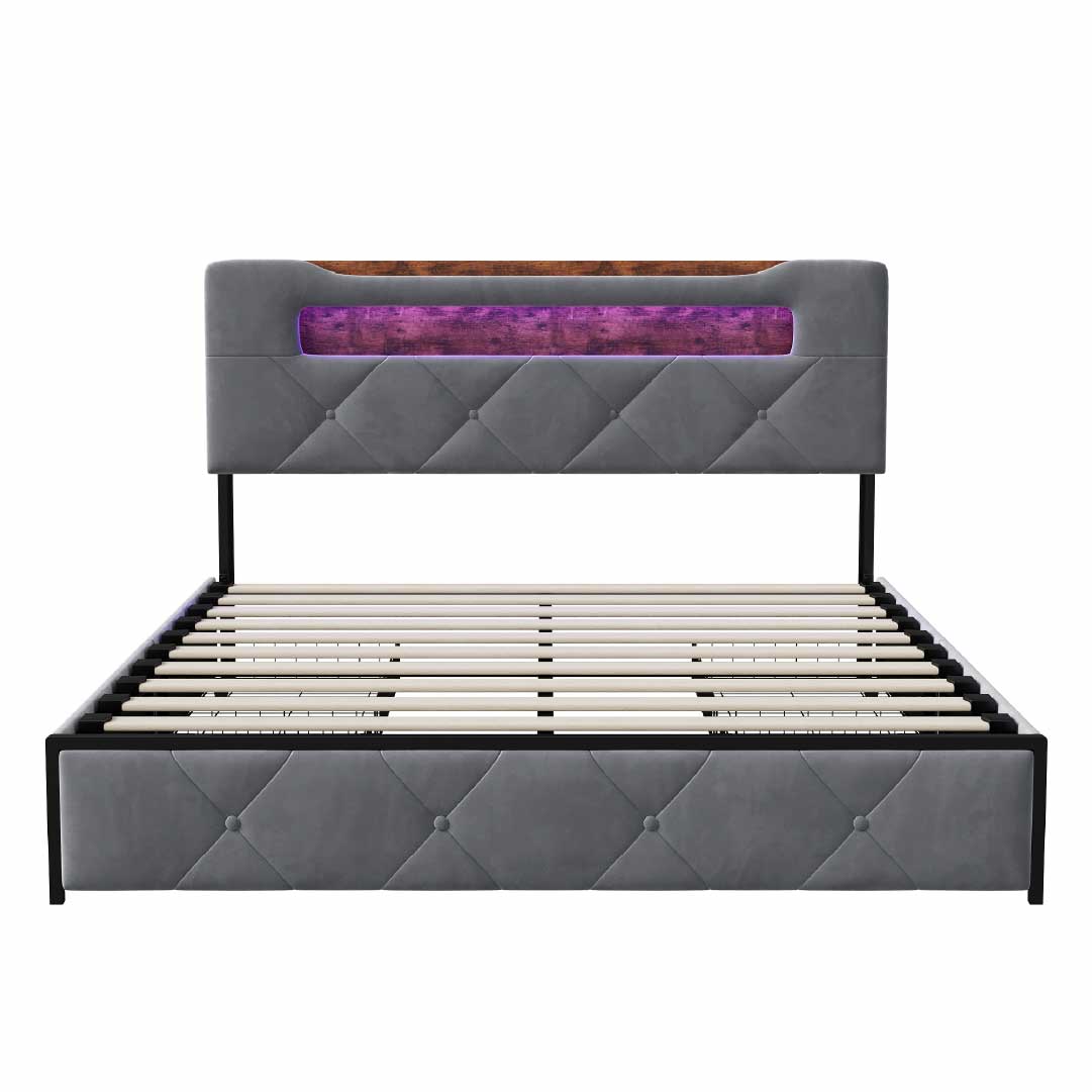 Yelenaro klädd sängram med förvaring, LED & USB – sängstomme med 4 lådor 140×200 / 160×200 cm