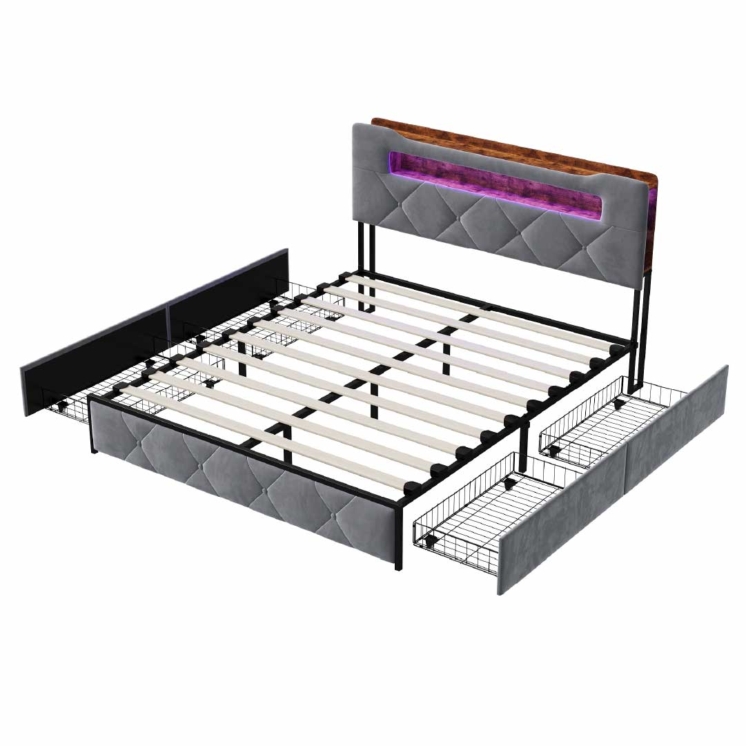Yelenaro klädd sängram med förvaring, LED & USB – sängstomme med 4 lådor 140×200 / 160×200 cm