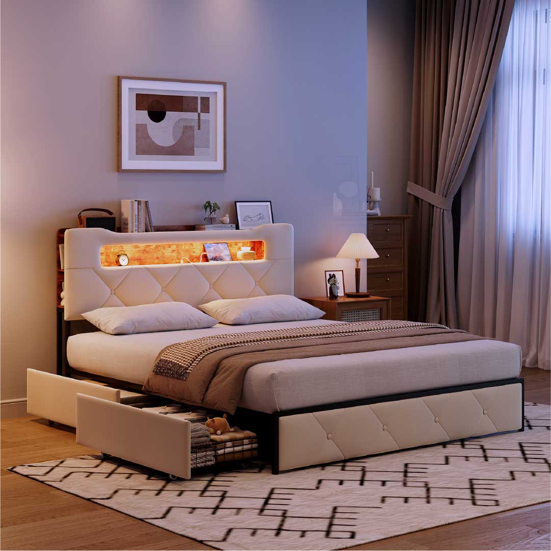 Yelenaro klädd sängram med förvaring, LED & USB – sängstomme med 4 lådor 140×200 / 160×200 cm