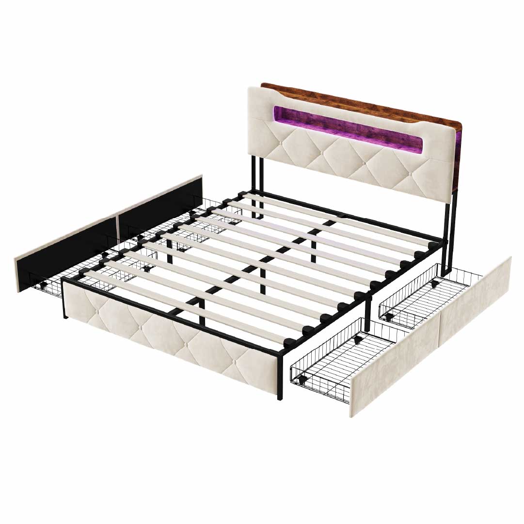 Yelenaro klädd sängram med förvaring, LED & USB – sängstomme med 4 lådor 140×200 / 160×200 cm
