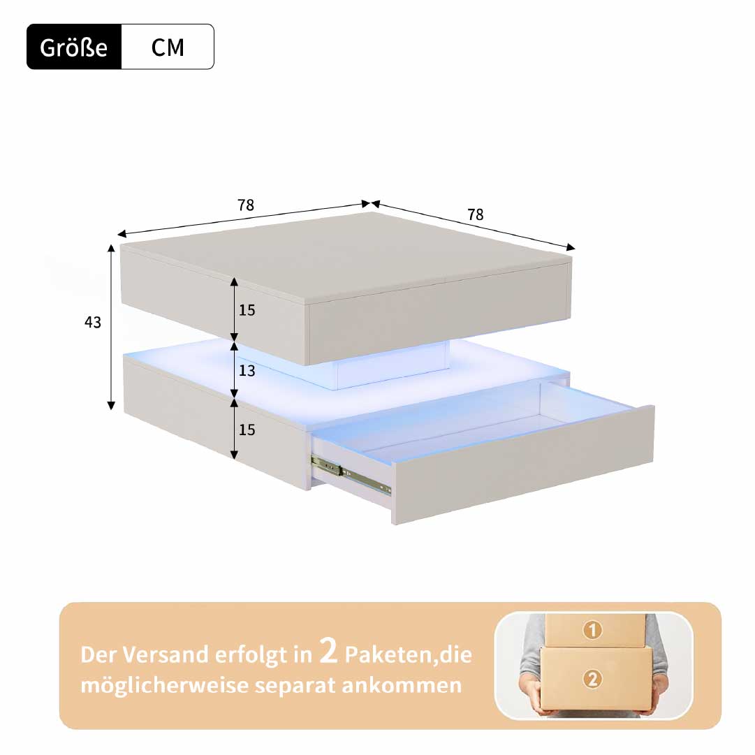 Yelenaro LED-soffbord 78x78 cm med förvaring och 2 lådor