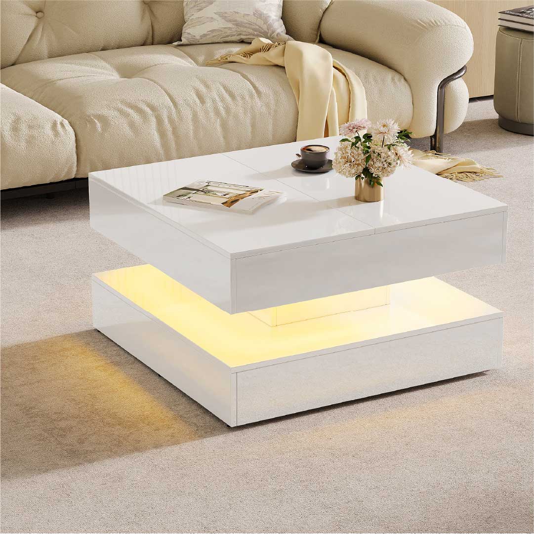 Yelenaro LED-soffbord 78x78 cm med förvaring och 2 lådor