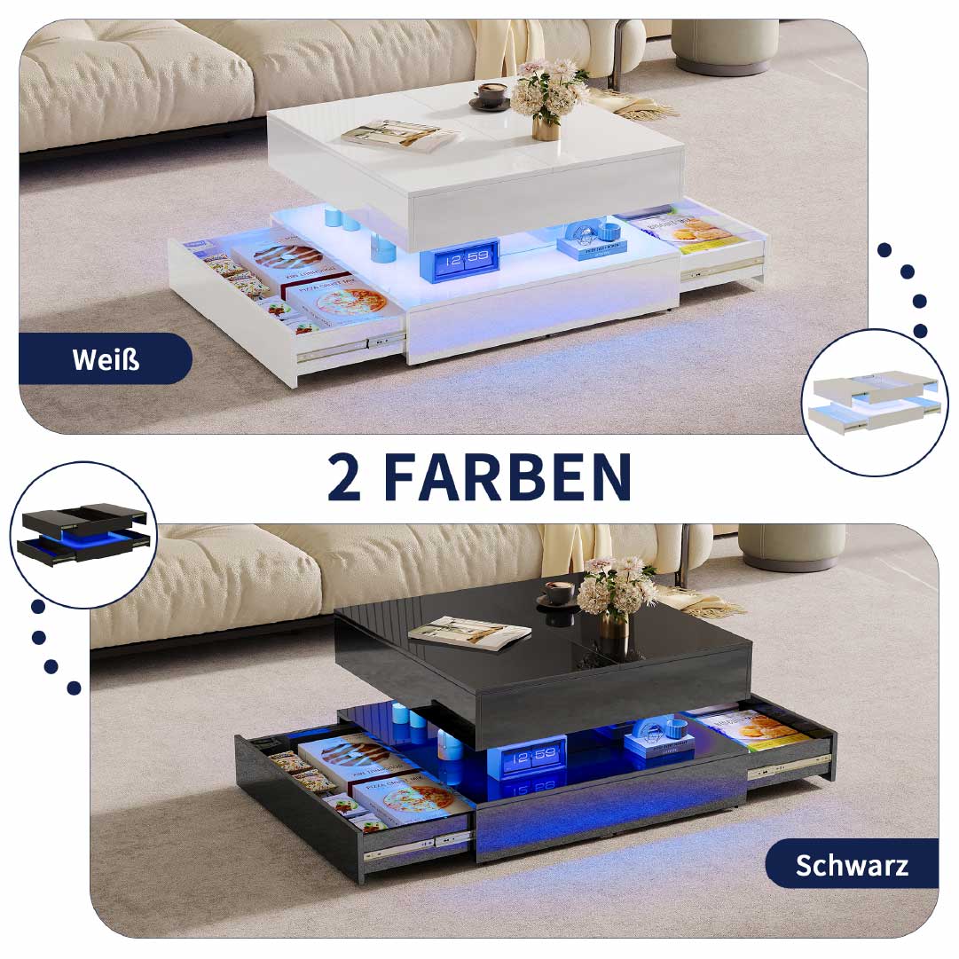 Yelenaro LED-soffbord 78x78 cm med förvaring och 2 lådor