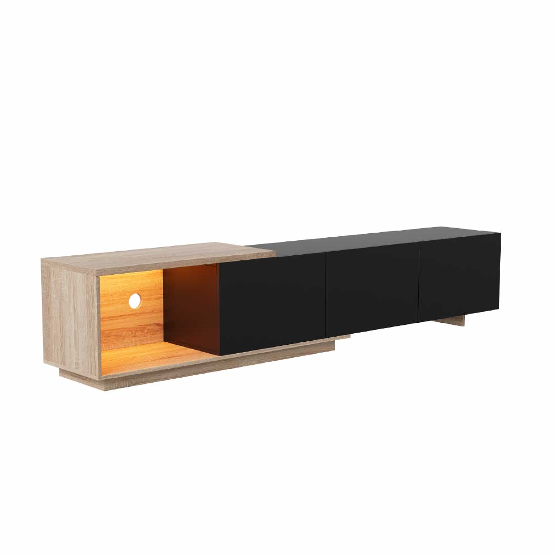 YELENARO Utdragbar TV-bänk 163–240 cm med sensor-LED & 3 push-lådor