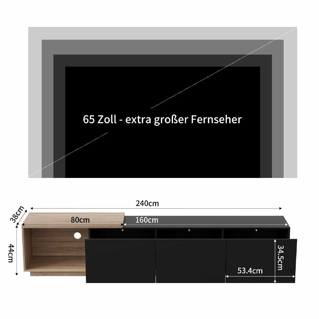 YELENARO Utdragbar TV-bänk 163–240 cm med sensor-LED & 3 push-lådor