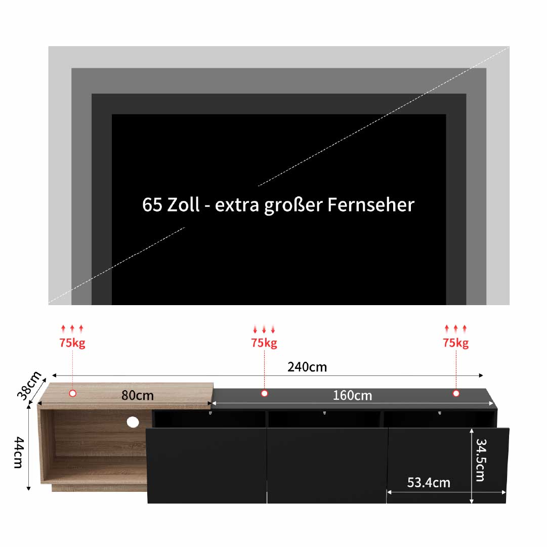 YELENARO Utdragbar TV-bänk 163–240 cm med sensor-LED & 3 push-lådor