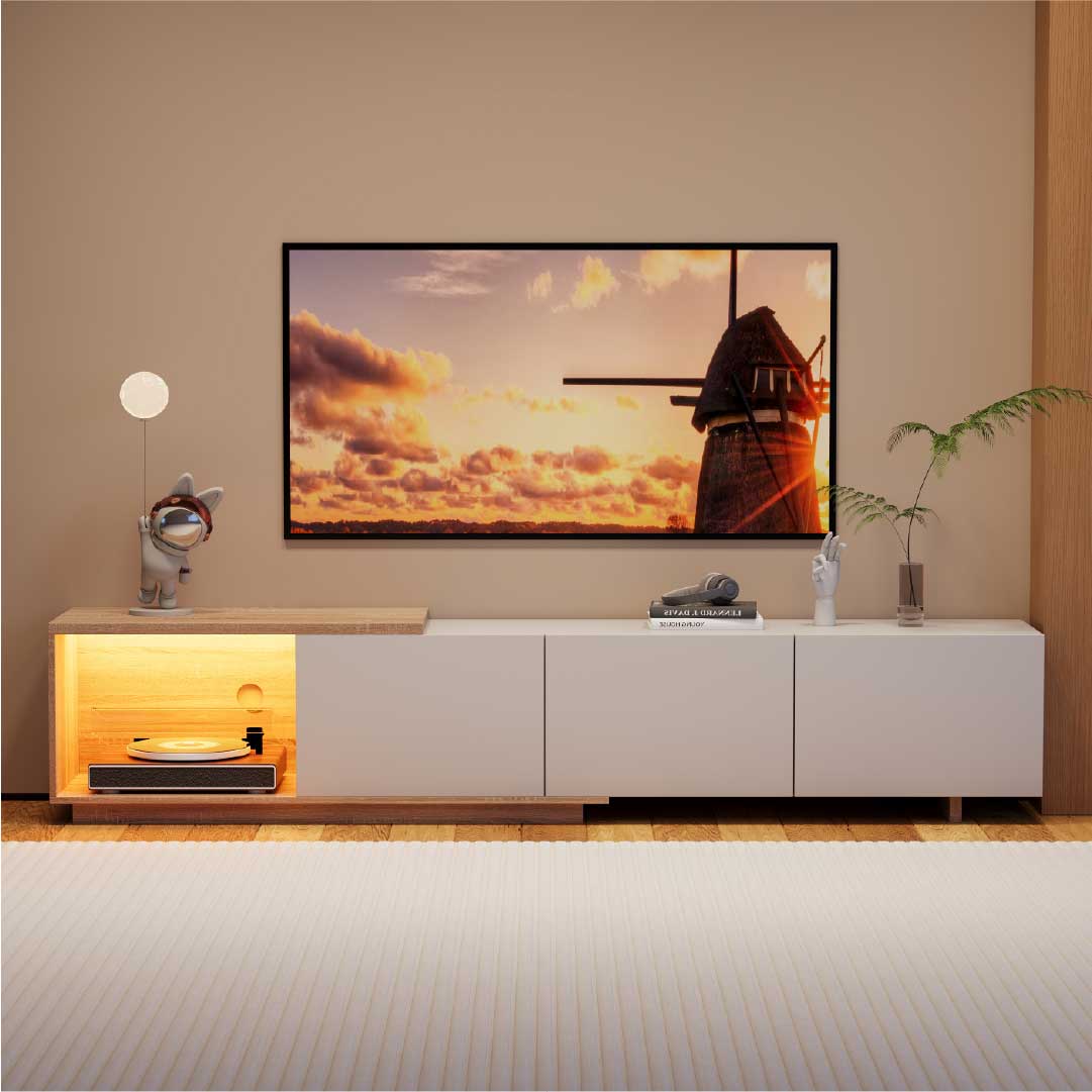 YELENARO Utdragbar TV-bänk 163–240 cm med sensor-LED & 3 push-lådor