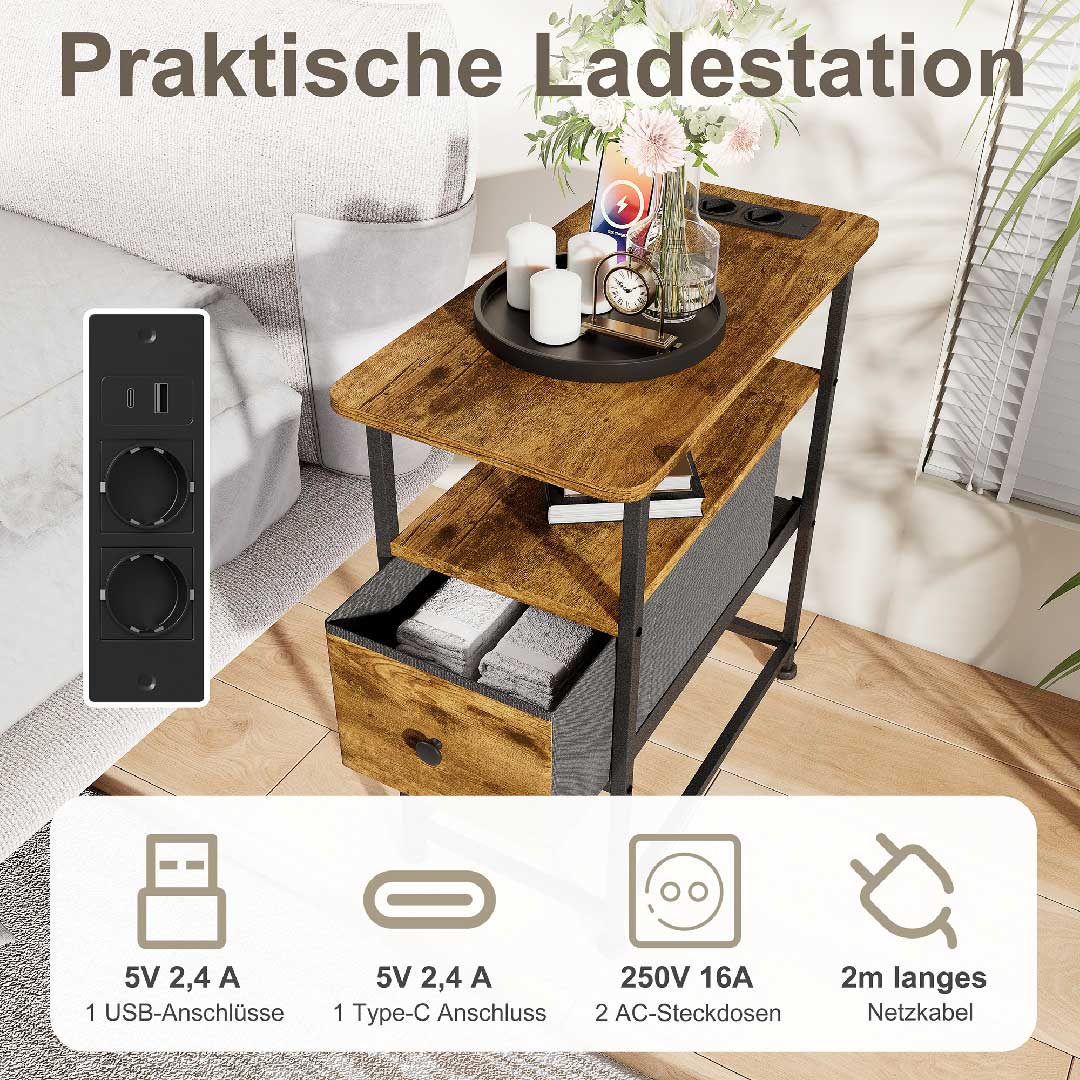 YELENARO Sängbord med eluttag och USB – Sidobord med låda