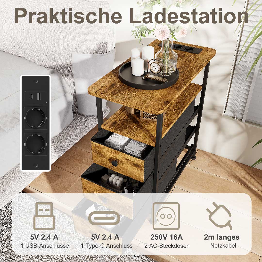 Yelenaro sängbord med laddstation och 3 lådor – USB & Type-C sidobord