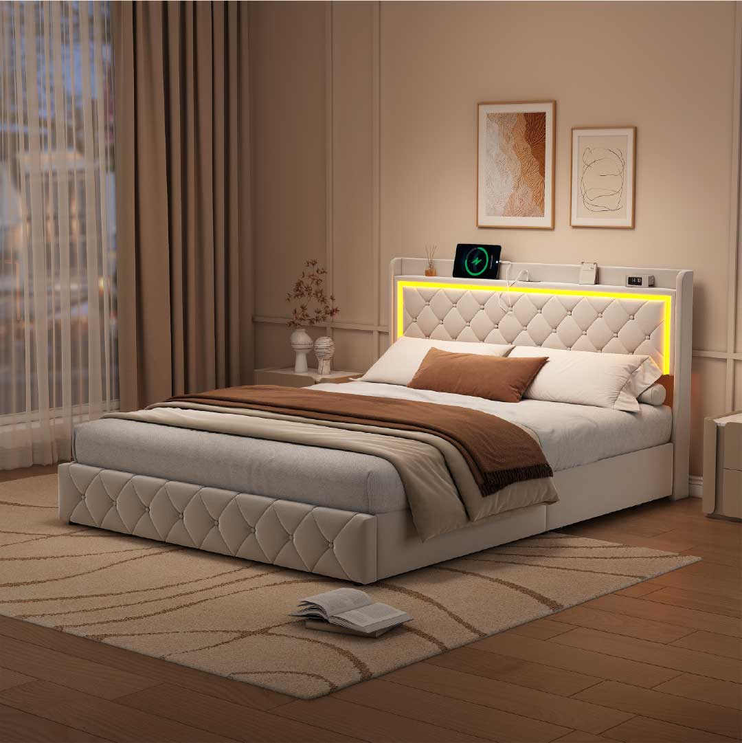 Yelenaro kontinentalsäng med LED, USB & lådor – säng i sammet med förvaring 90/140/160×200 cm
