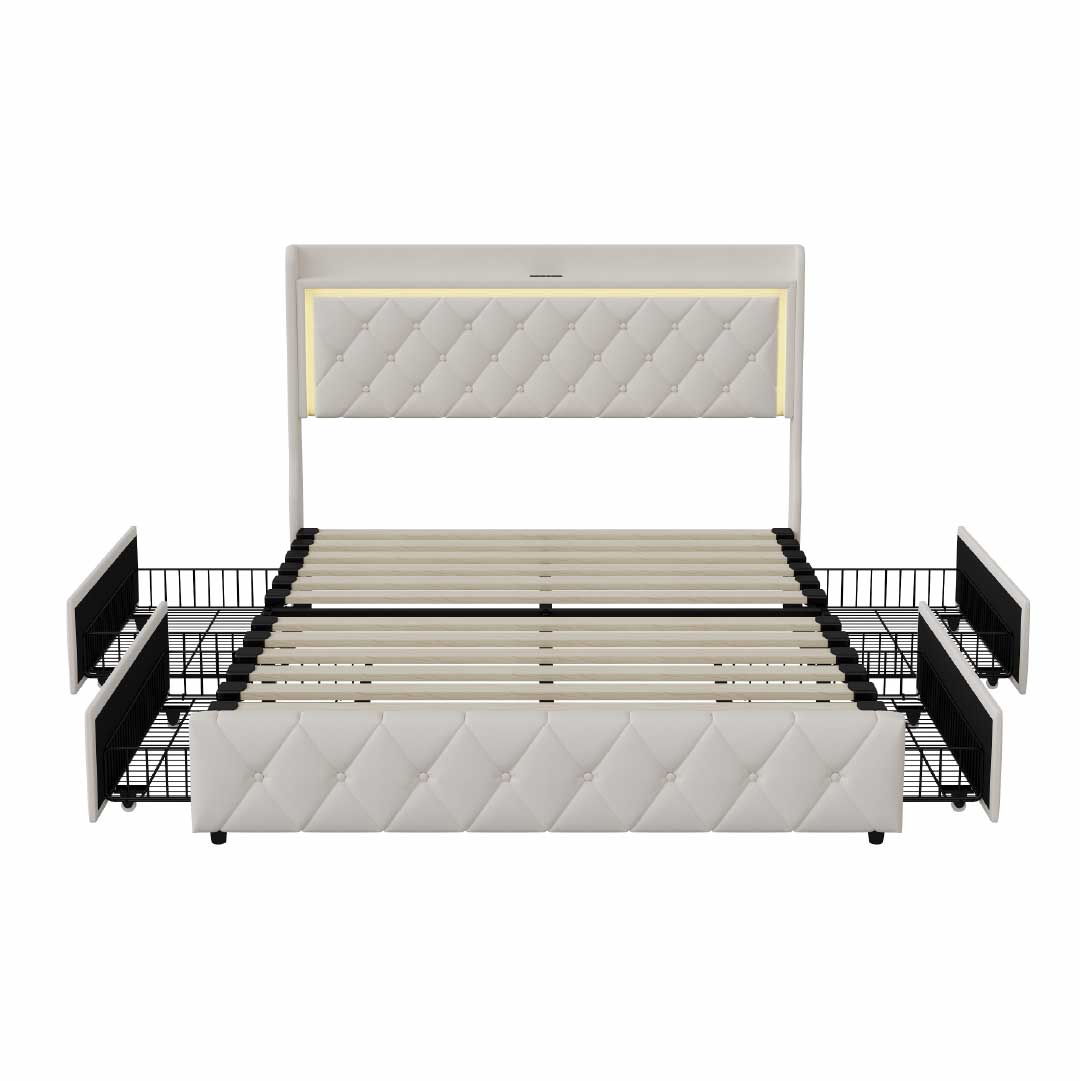 Yelenaro kontinentalsäng med LED, USB & lådor – säng i sammet med förvaring 90/140/160×200 cm