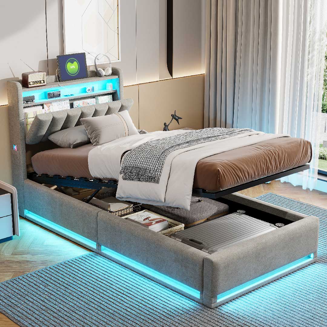 Yelenaro Polsterbett mit LED, Stauraum & USB-Ladestation – Samtbett mit Gaslift & Storage-Kopfteil (Mehrere Größen & Farben)