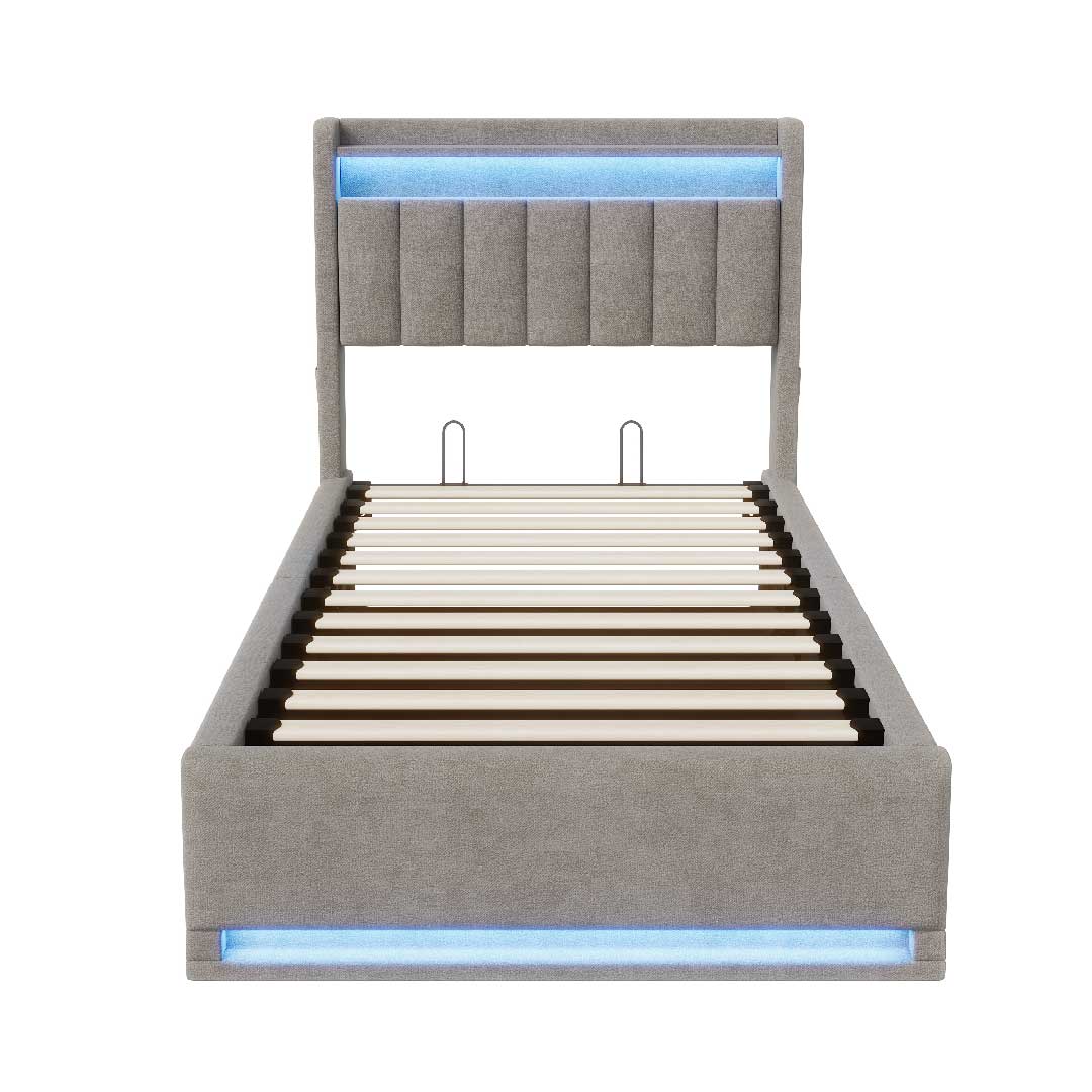 Yelenaro Polsterbett mit LED, Stauraum & USB-Ladestation – Samtbett mit Gaslift & Storage-Kopfteil (Mehrere Größen & Farben)