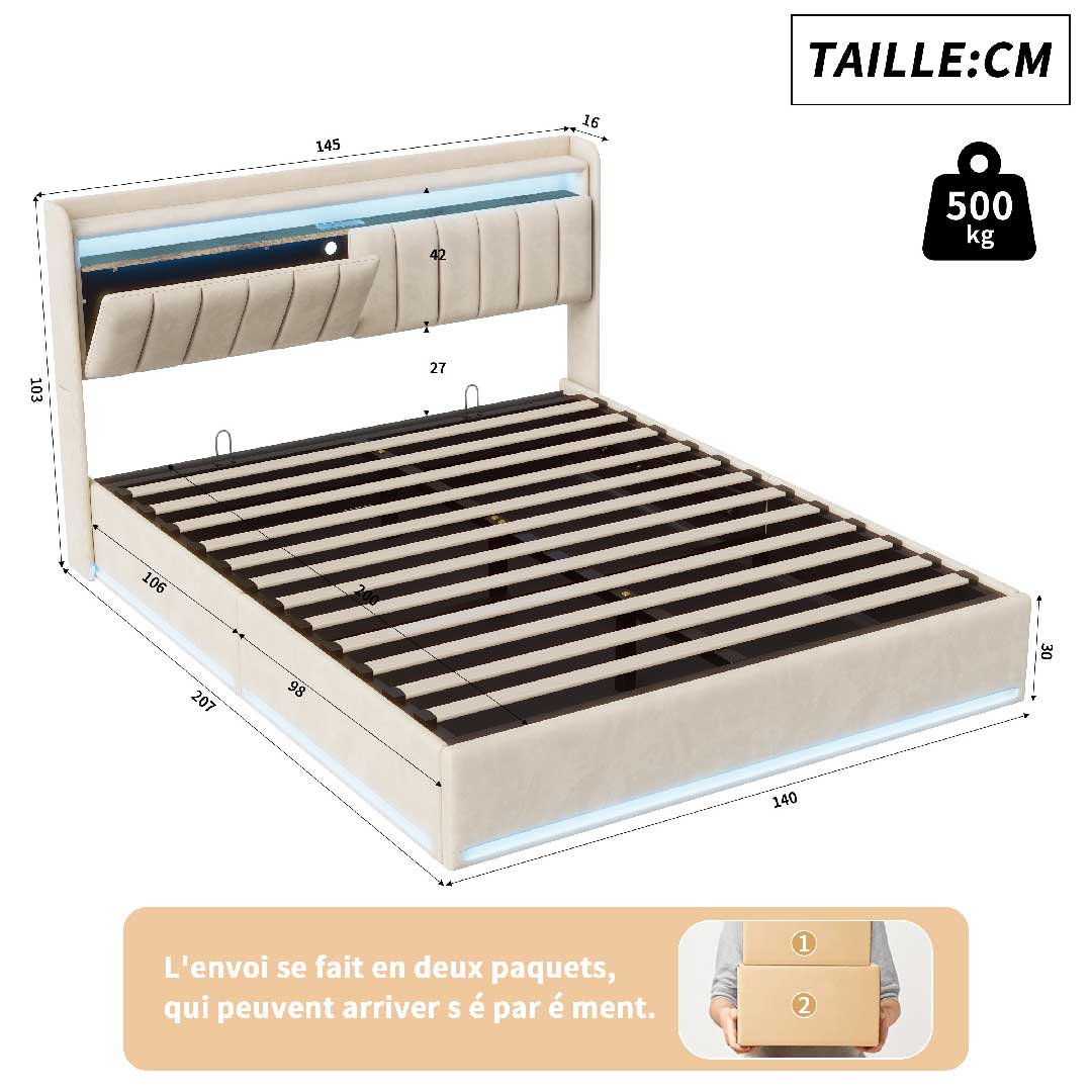 Yelenaro Polsterbett mit LED, Stauraum & USB-Ladestation – Samtbett mit Gaslift & Storage-Kopfteil (Mehrere Größen & Farben)