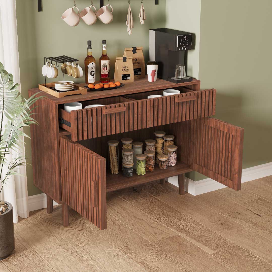 Küchen-Sideboard aus Holz mit offenen Schubladen und Türen, Yelenaro Stauraumschrank für Küche und Esszimmer