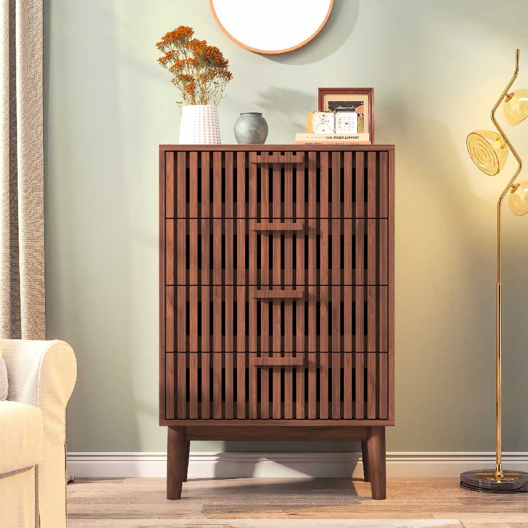 Yelenaro Sideboard aus Holzoptik mit vertikaler Lamellenfront und 4 Schubladen – moderne Kommode für Wohnzimmer und Esszimmer