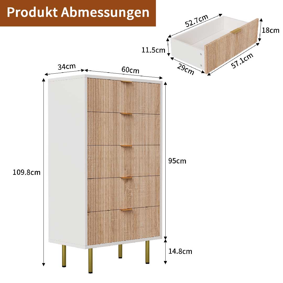 Yelenaro Kommode mit 5 Schubladen – Produktabmessungen der hohen Schubladenkommode in Weiß und Holzoptik