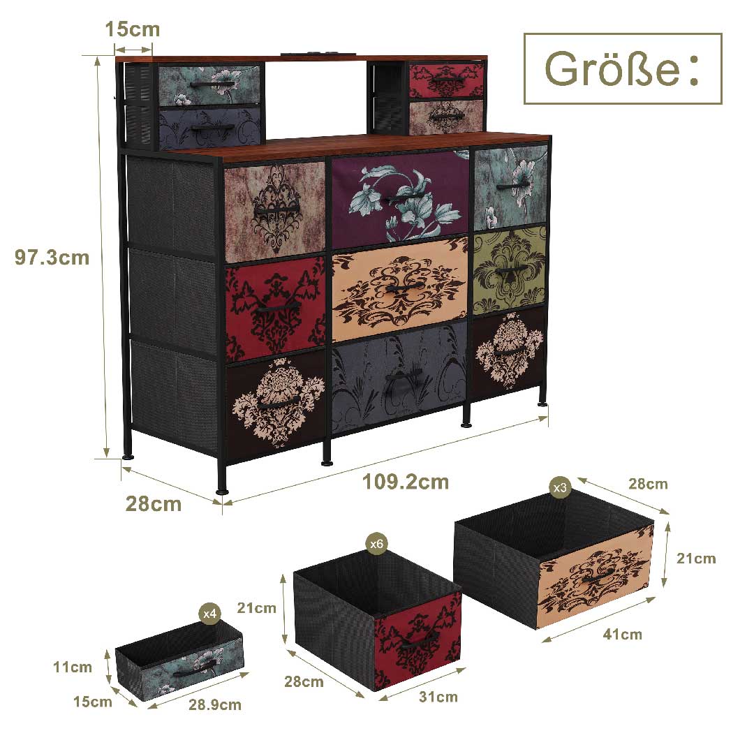 Yelenaro Vintage Kommode mit Stoffschubladen & LED – Metallrahmen, Holzplatte