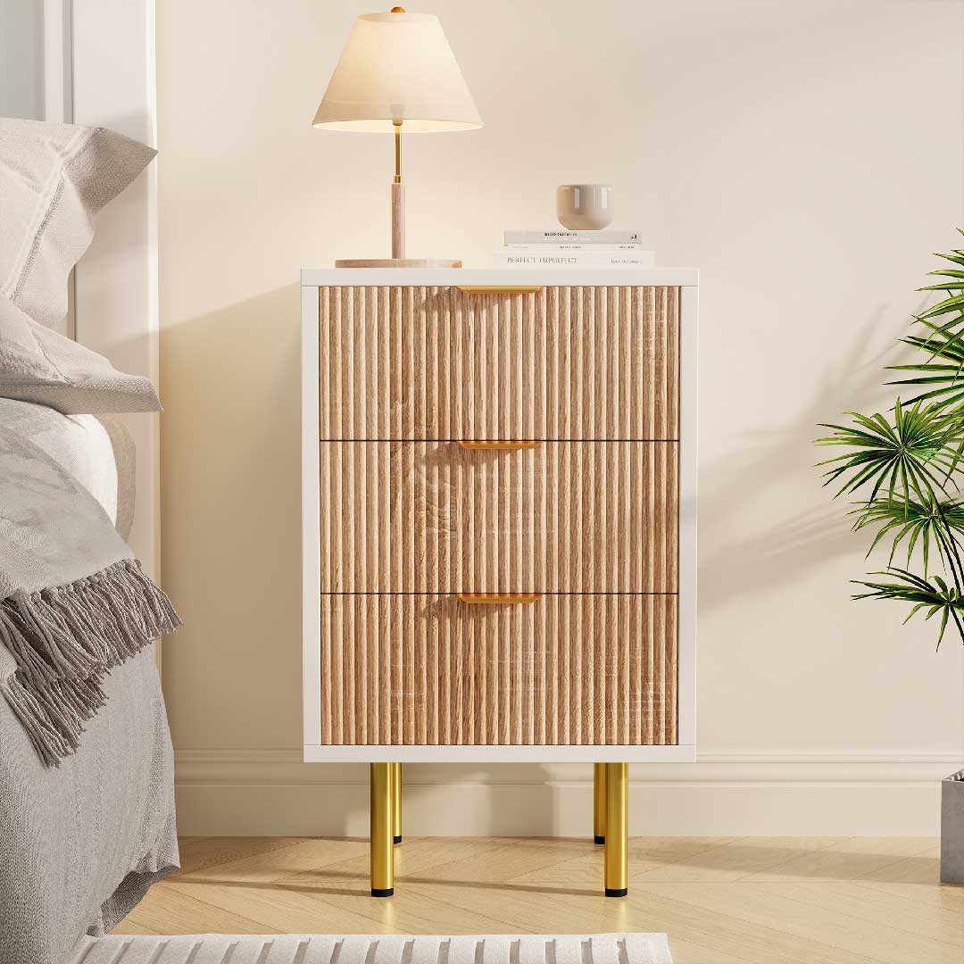 Yelenaro sängbord, 2 st. (3 lådor) – modernt i vitt och träimitation