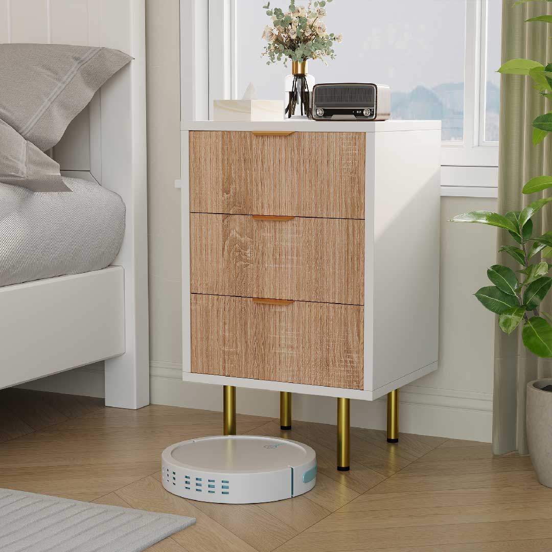 Yelenaro sängbord, 2 st. (3 lådor) – modernt i vitt och träimitation