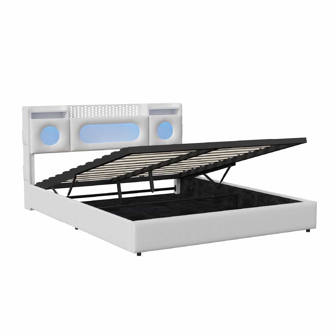 LED Polsterbett mit Gasdruck-Stauraum für Decken und Bettwäsche
